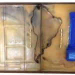 Orbis Descriptio com tratado de tordesilhas, série Fronteirícios, Gaveta de arquivo de ferro, encaustica, molas, folha de cobre, gesso, e ferragem, 10 x 61 x 44 cm, 1999