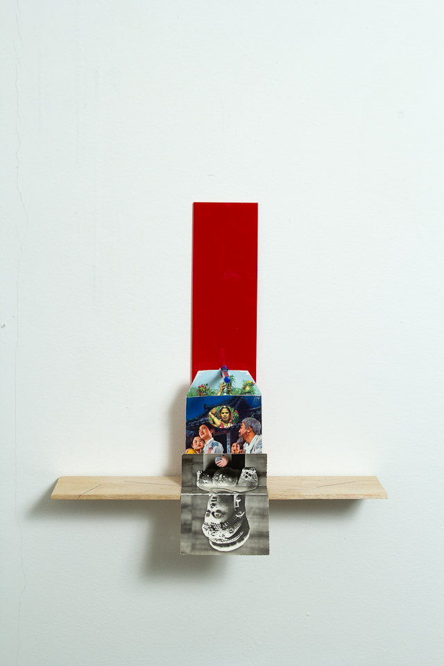 Gê Orthof, Máquinas Mínimas, Salé opera buste de femme, Acrílico, postais, balsa e caneta bic, 35 x 40 x 15 cm, Desenho assemblage, 2018