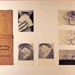 Anna Bella Geiger, O Paõ Nosso de Cada Dia, saco de pão e Série de seis 6 cartões postais, 59 x 69 cm, 1978.