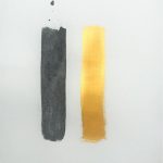 Luca Benites, Caminos, pintura dourada e cinzas de obras queimadas sobre papel Hahnnemühle 300gr, 39 x 58 cm, 2018.