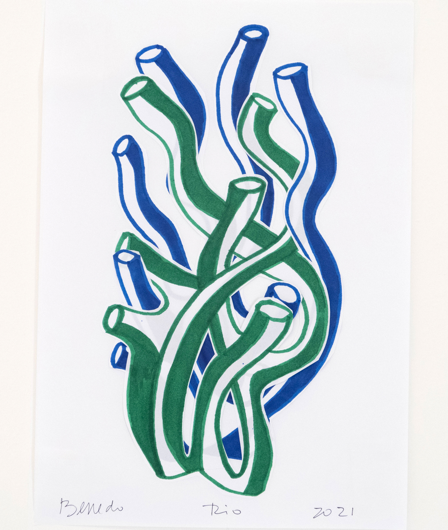 Hilton Berredo, O Verde e o Azul, Colagem com papel marker e marcador permanente sobre papel, 29 x 21 cm, 2021